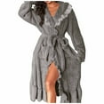 thumbnail image 2 of Plush Bathrobes For Women Plush Lapel V Neck Lace Patchwork Ruffled Long Hem Belt Nighfown Fuzzy Comfy Thermal (L, Gray), 2 of 6