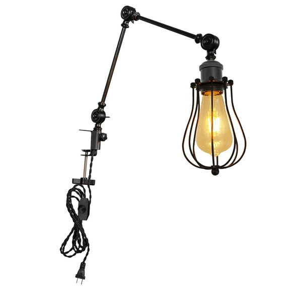 Kiven Dimmable Clip-on Desk Lamp, 1-Light Iron Industrial clip on light with Flexible Swing Arm, 8.2FT Plug in Cord, Decorative Clamp Lamp for Bookshelf Cabinet E26 Sokcet DZ0405