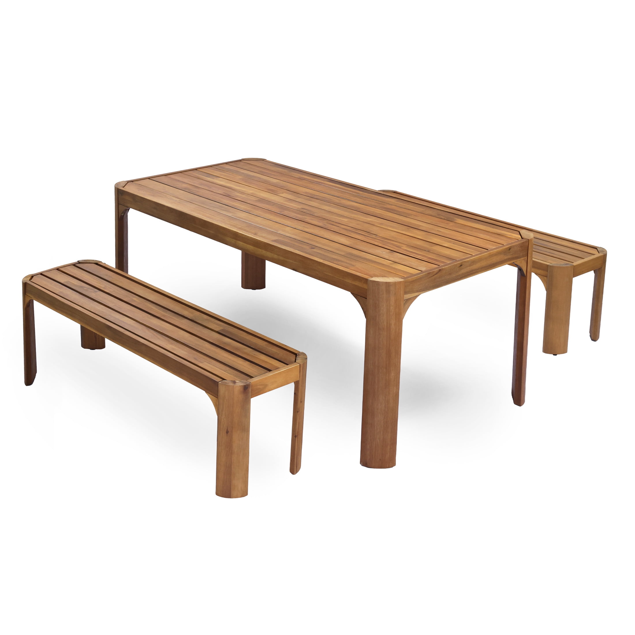 Christopher Knight Home 3-Piece Outdoor Dining Set for 6-8, Slatted Acacia Wood Table with Benches, Teak