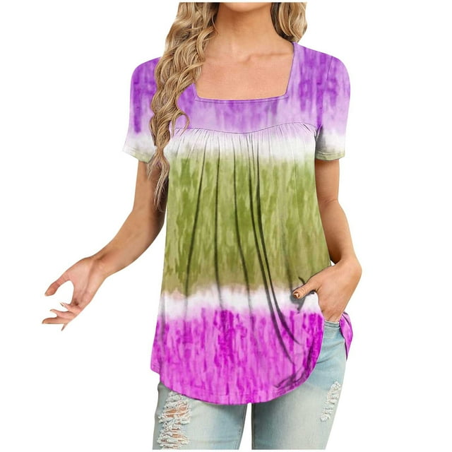 ameIAEA Square Neck Tops for Women Short Sleeve Summer Tunic Tops Color Block Ruffle Blouse