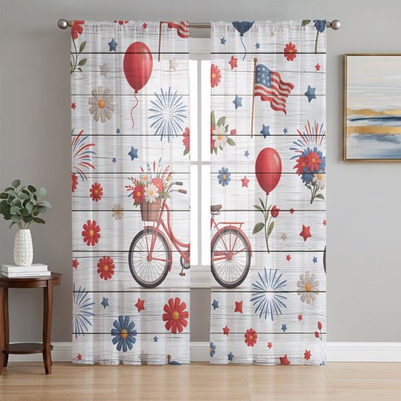 250 Anniversary Sheer Curtains 96 Inch Length 2 Panels Set, Independence Day Florals Gray Wooden Voile Window Treatment Semi Sheer Long Curtains Drapes for Bedroom/Living Room/Kitchen 52"x96"x2