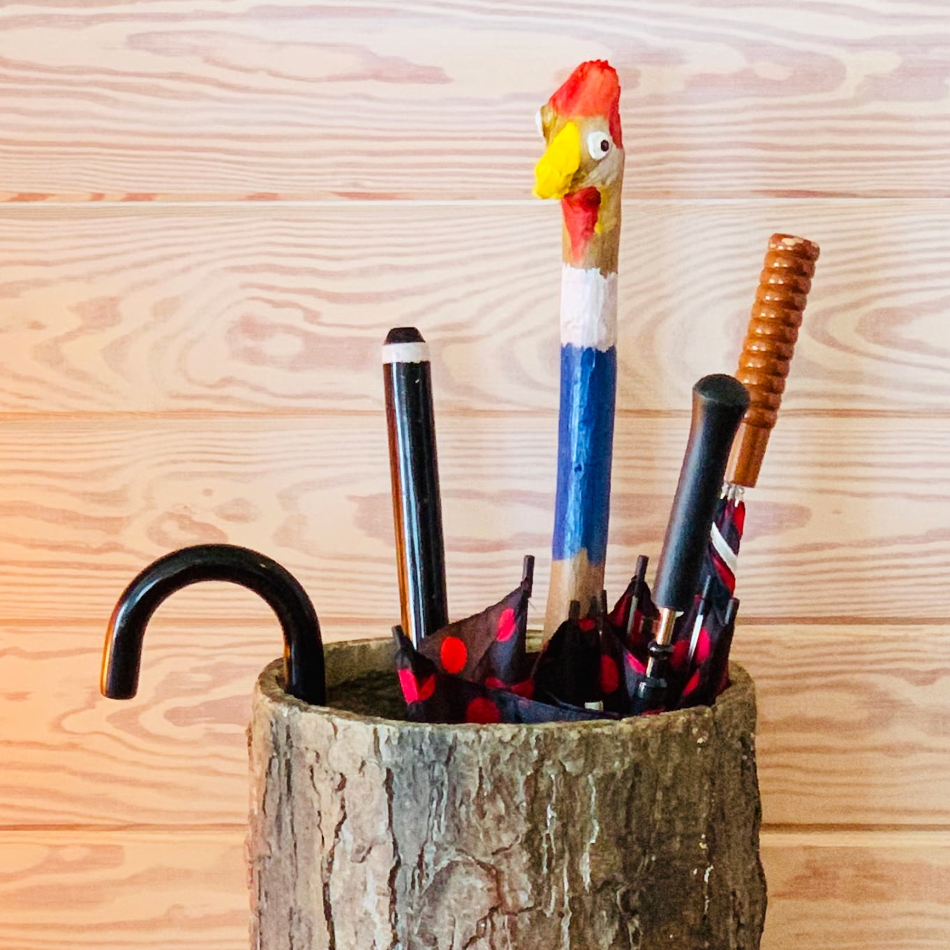 Country Stump Vintage Farmhouse Umbrella Stand. Unique Indoor / Outdoor Walking Stick & Umbrella Holder. Rustic Home Entryway Log Bin.