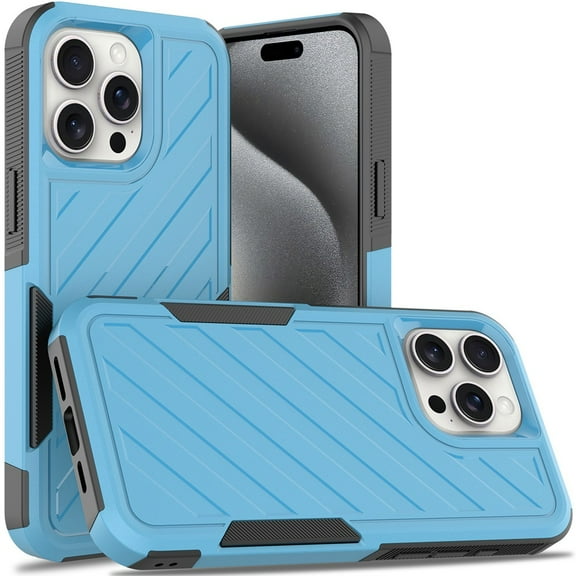 TJS for iPhone 15 Pro Max Phone Case, [Military Grade] Noble Lined Shockproof Dual Layer Hybrid Protective Cover (Sky Blue/Black)