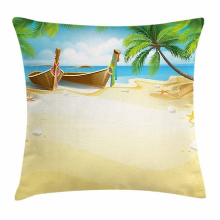 Coconut Pillow Beach Throw Pillow Cushion Cover, Paradise Island Coconut Tree and Boats Tropical Coastline Relaxation Environment, Decorative Square Accent Pillow Case, 24 X 24 Inches, Multicolor, by Ambesonne ()