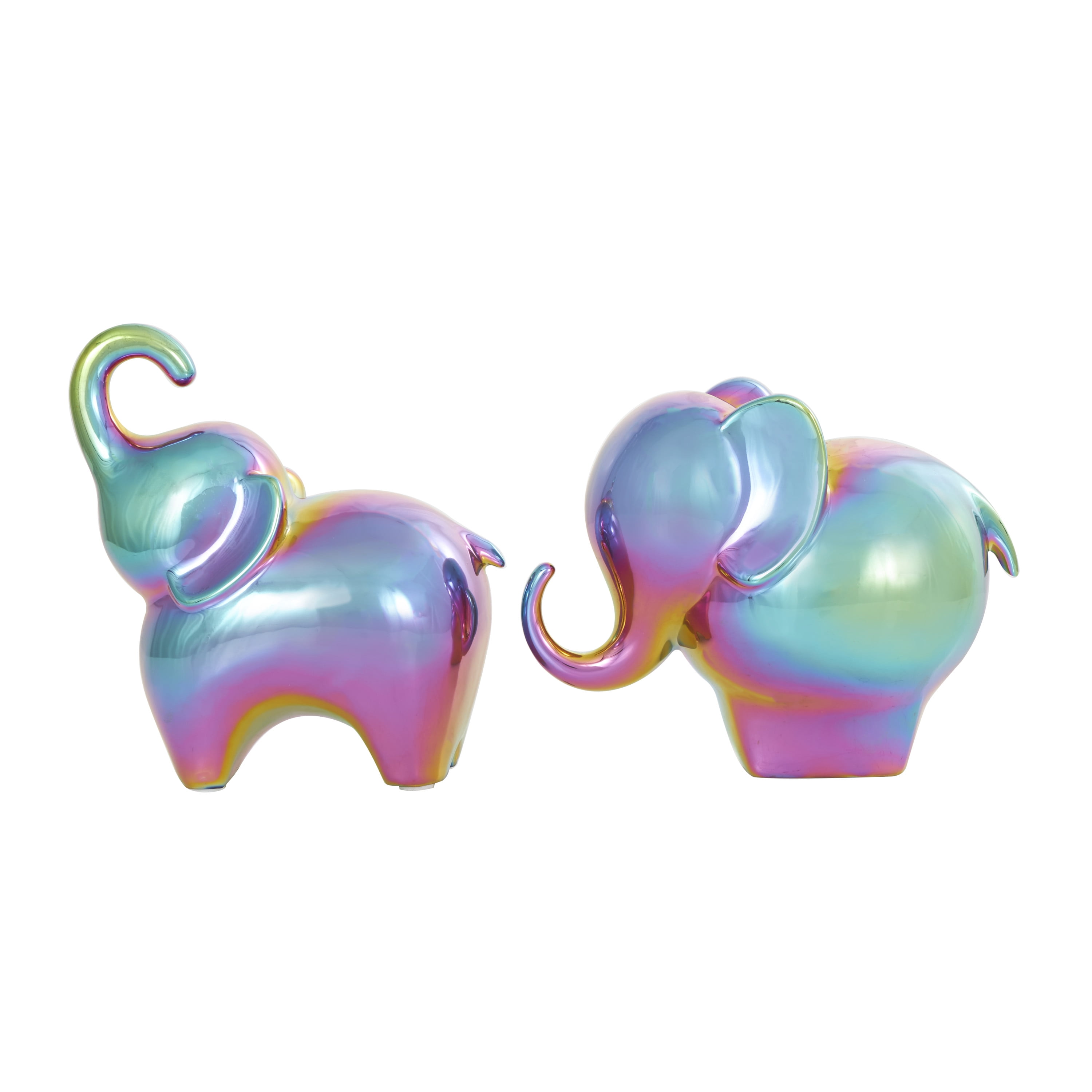 6", 7"H Multi Colored Ceramic Elephant Sculpture with Rainbow Shimmer Finish, by DecMode (2 Count)