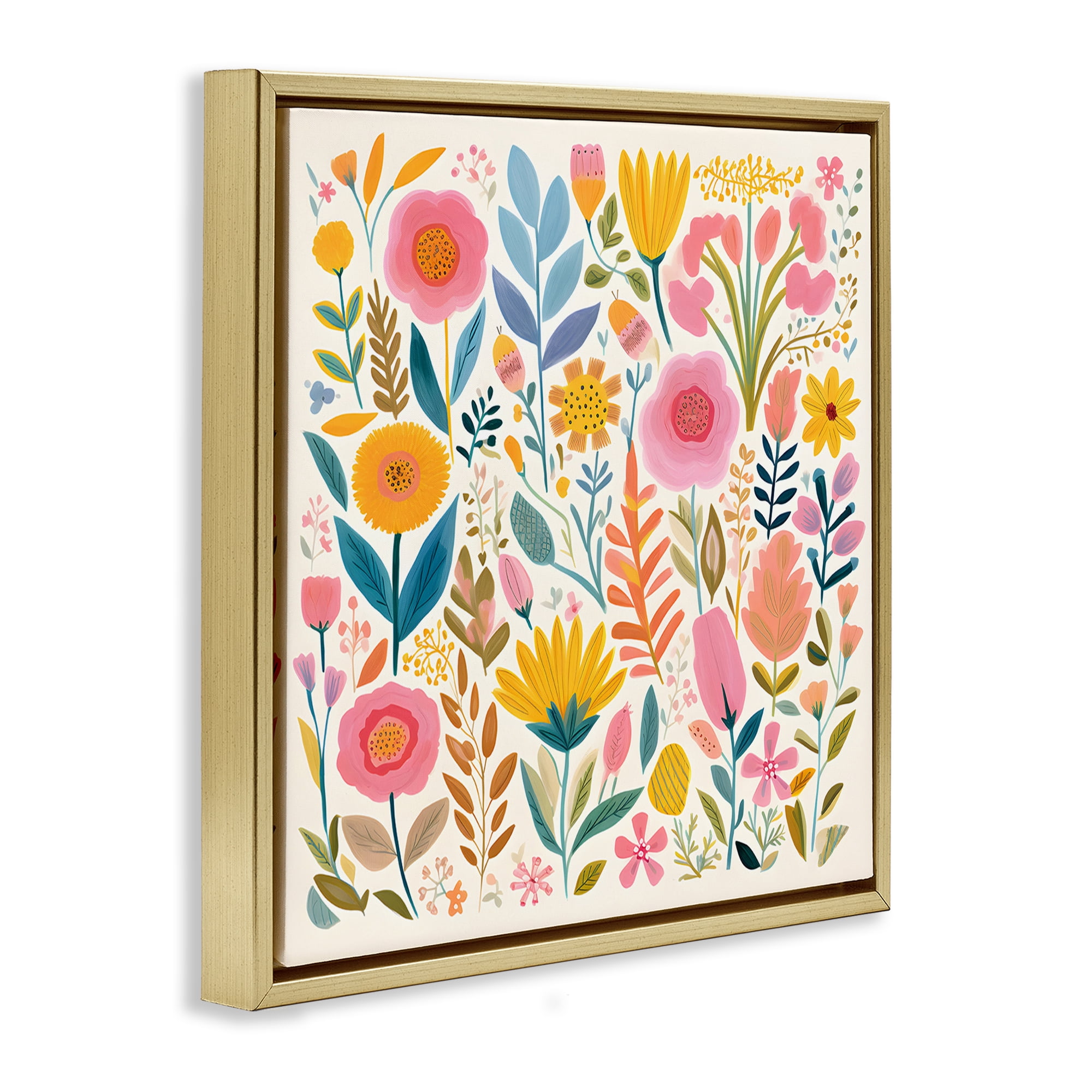 Stupell Industries Cottage Florals Pattern Plants & Flowers Painting Gold Floater Framed Canvas Art Print Wall Art, 25 x 25