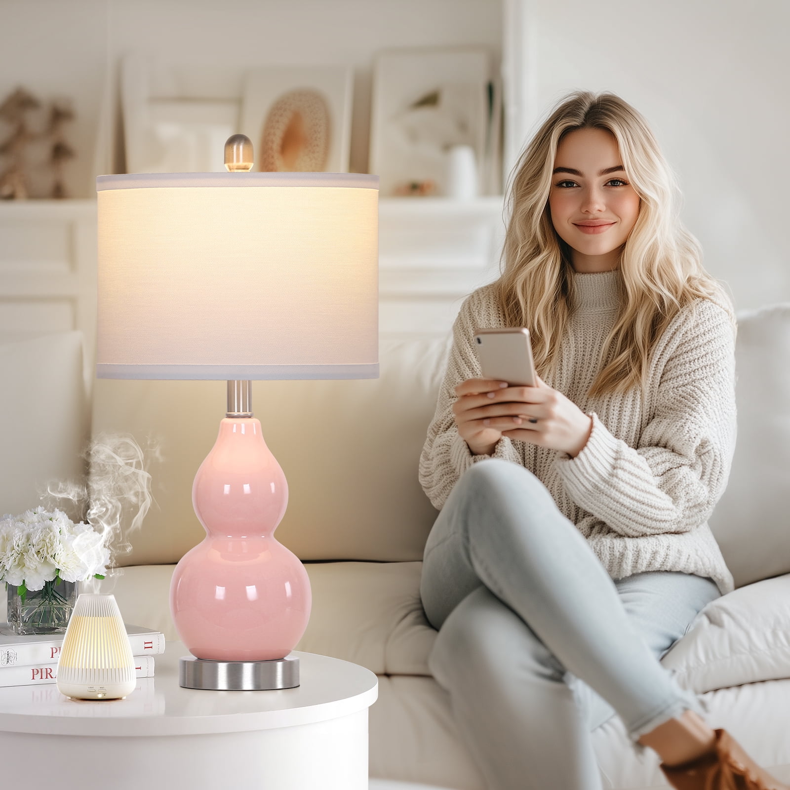 Cinkeda Pink Ceramic Table Lamp Set of 2 for Bedroom Living Room 22" Modern Double Gourd Nightstand Bedside Lamps with White Shade