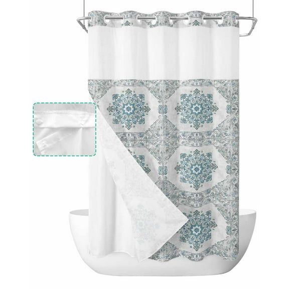No Hook Shower Curtain with Snap in Liner, Retro Abstract Ethnic Style Persian Flowers Hotel Shower Curtains for Bathroom, Washable Shower Curtain Liner Set with Mesh Top Window, 54"x78"