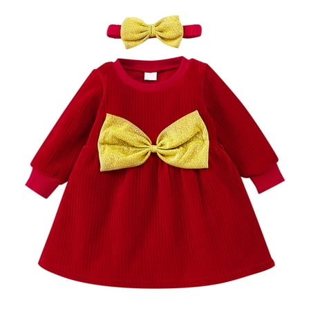 

BSDHBS Dresses for Girls Kids Toddler Baby Girls Ribbed Autumn Christmas Long Sleeve Bowknot Princess Dress with Headbands Clothes Set 2PCS