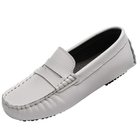 

rismart Boys Girls Penny Loafers Leather Slip on School Casual Flat Boat Shoes White 4 Big Kid
