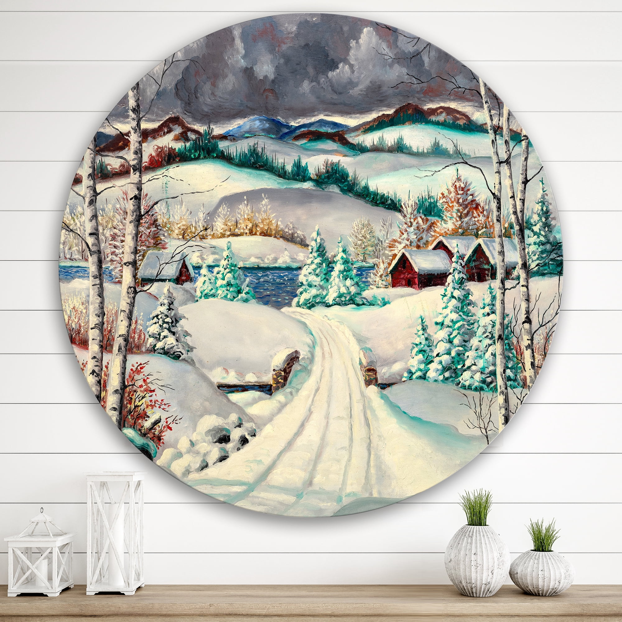 Designart 'Snowy Road In Countryside Winter Landscape' Traditional Circle Metal Wall Art 29x29 - Disc of 29