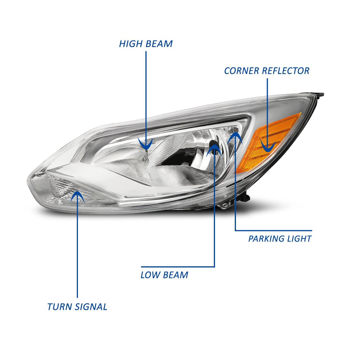 DNA Motoring For 12-14 Ford Focus Diamond Chrome Amber Corner Headlight Lamp Pair Replacement