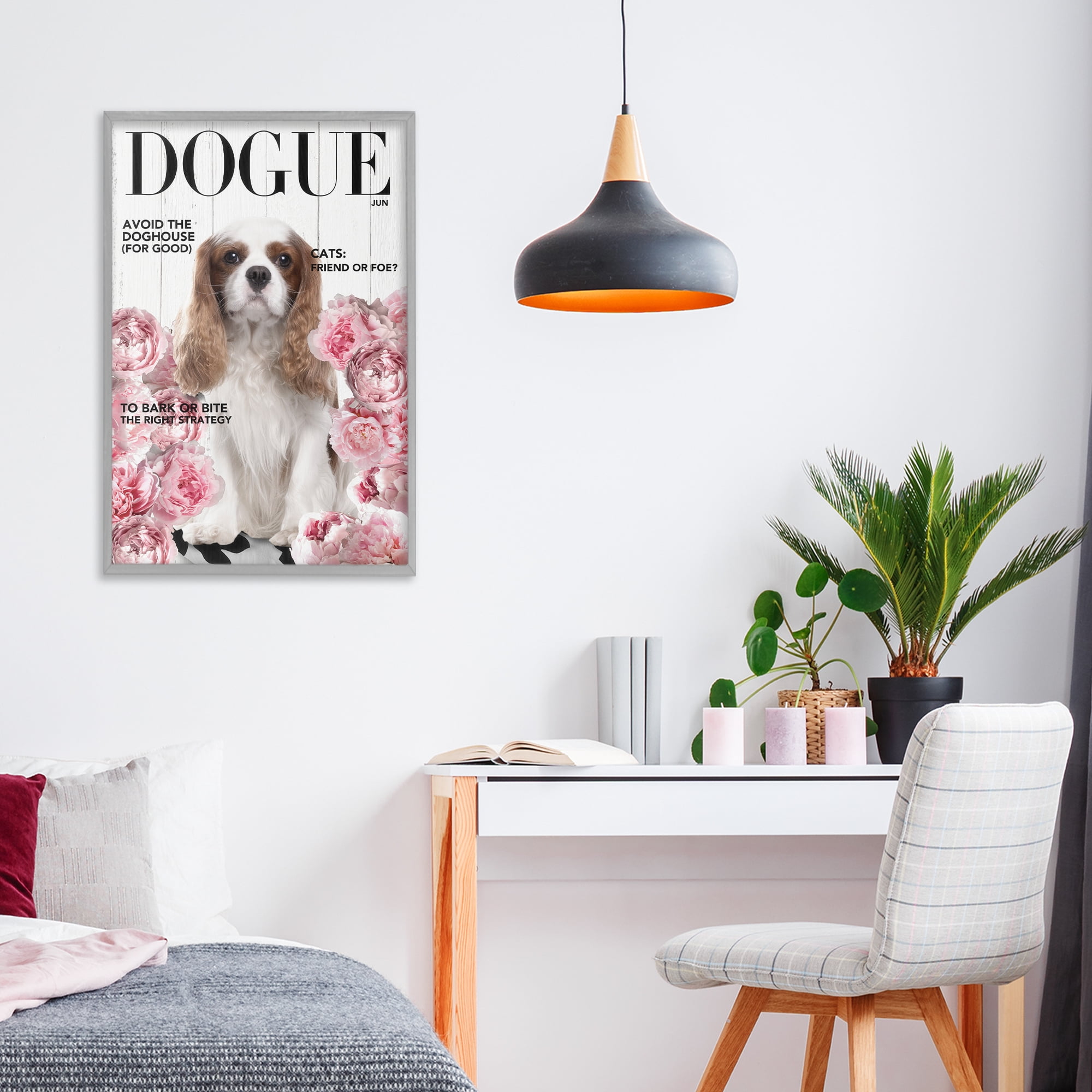Funny Floral Dog Magazine Gray Framed Giclee Art, design by Sasha