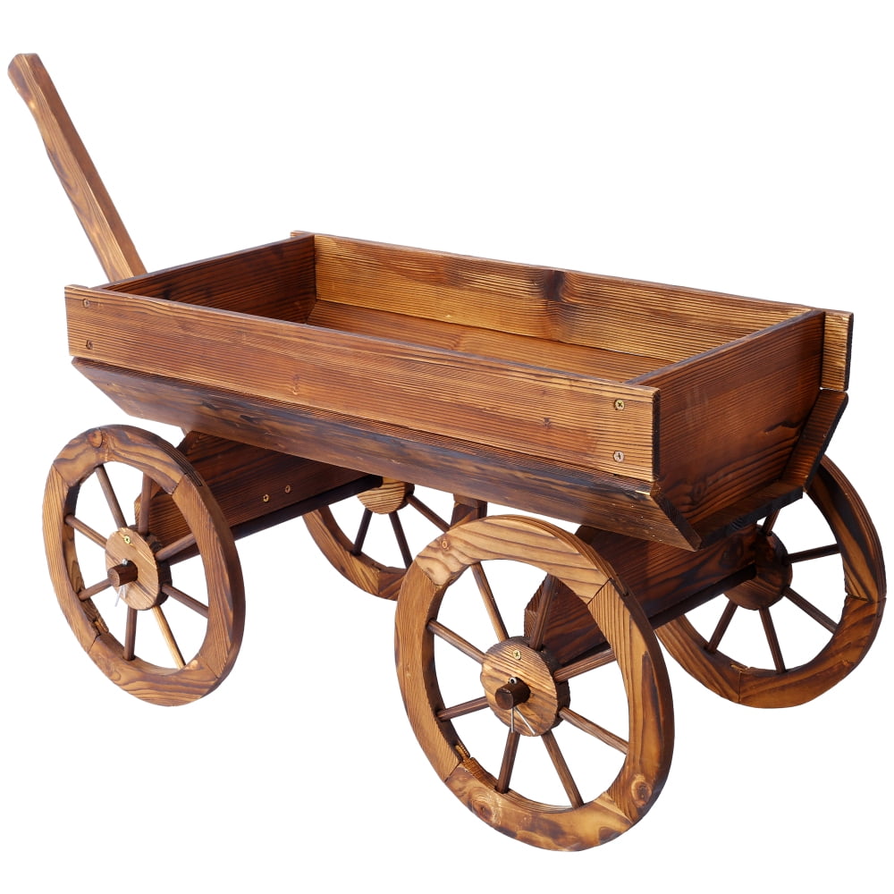 Rustic Wood Wagon Planter with Wheels - Mobile Flower Pot Stand for Garden, Patio & Outdoor Decor, Easy-Rolling Plant Cart