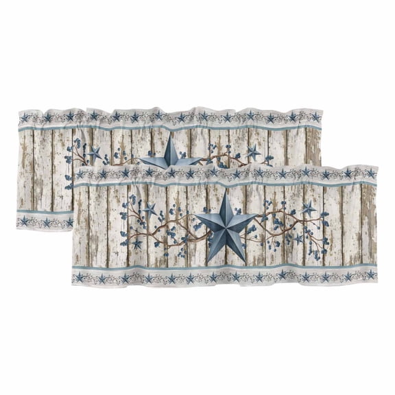 2 Pack Texas Star Navy Blue Valances for Windows Bedroom Living Room Window Treatments, Farmhouse Vintage Art Wooden Rod Pocket Valance Drapes Short Kitchen Curtains Over Sink 54"x18"