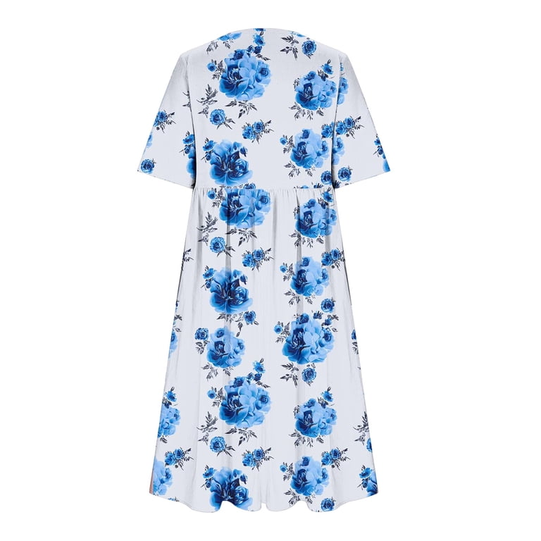 mid calf dresses with short sleeves Navy Blue A Line Mid Length Dresses Women's Casual Dress Midi Dress Navy Blue Short Sleeve Floral