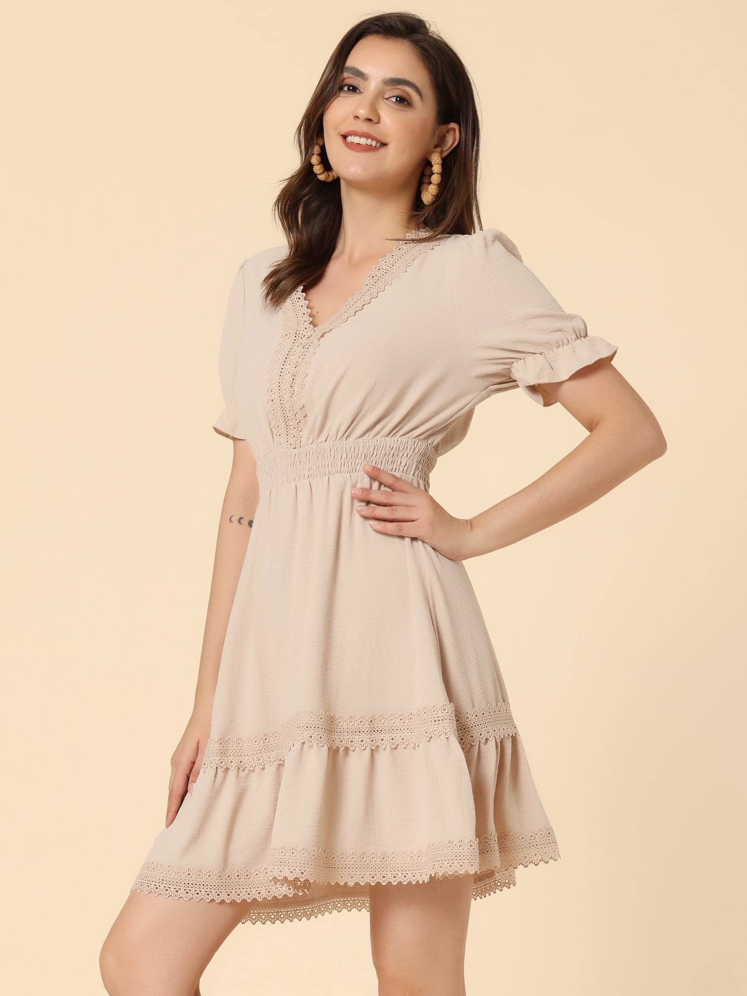 DARING DIVA V Neck Smocked Elastic Waist Short Sleeve Mini Dress XS Beige
