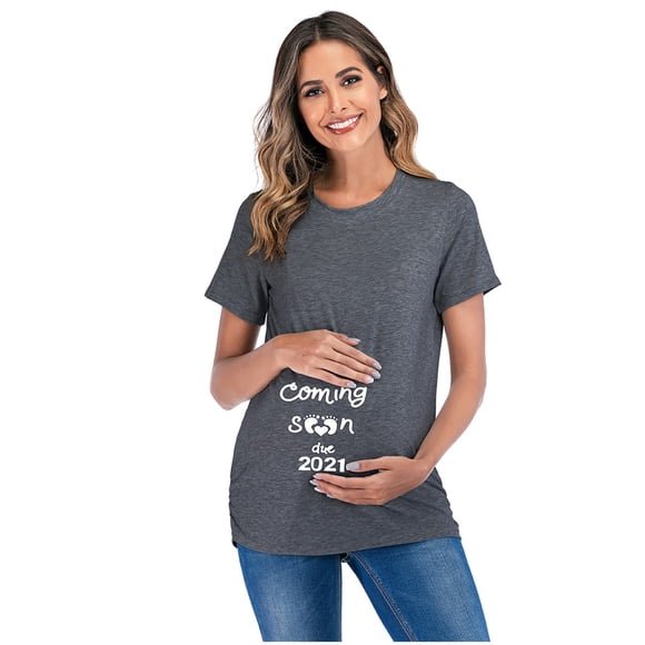 EGNMCR Blouses et Chemises à Manches Courtes à Col Rond Femmes T-shirt à Manches Courtes à Imprimé de Lettres Hauts Blouse de Grossesse Blouse pour Femmes Enceintes
