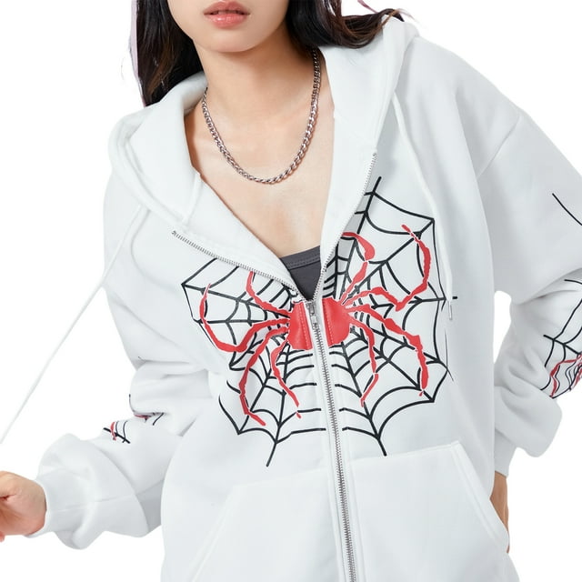 Mialoley Manteau à Capuche Décontracté d'Halloween pour Femmes Manches Longues Imprimé Toile d'Araignée avec Poches