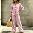 thumbnail image 4 of SELONE Dressy Matching Sets for Women Plus Size Plaid Henley Ruffle Blouse Wide Leg Long Pants Casual Workout Outfits, 4 of 7