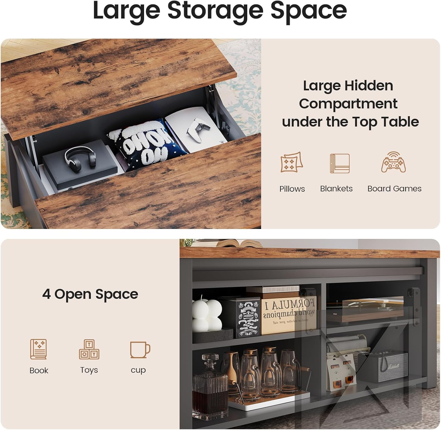 31.5" Square Lift Top Coffee Table, Farmhouse Coffee Table with Ample Storage, Wood Center Table with Sliding Doors and Large Hidden Space for Living Room Home Office, Black