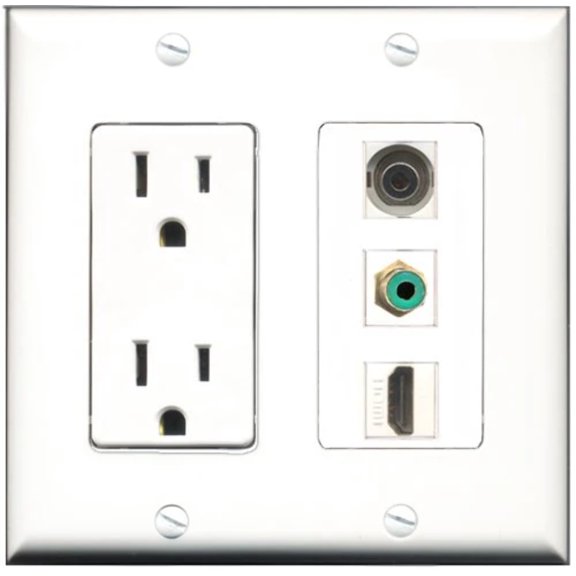 RiteAV - 15 Amp Power Outlet 1 Port HDMI 1 Port RCA Green 1 Port 3.5mm Decorative Wall Plate