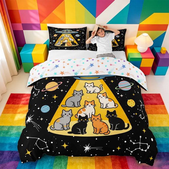 meiyoeat Cartoon Cat Galaxy Bedding For Boys,Space Theme Kitten Print Duvet Cover Full,Reversible,3pcs,1 Duvet Cover and 2 Pillowcases