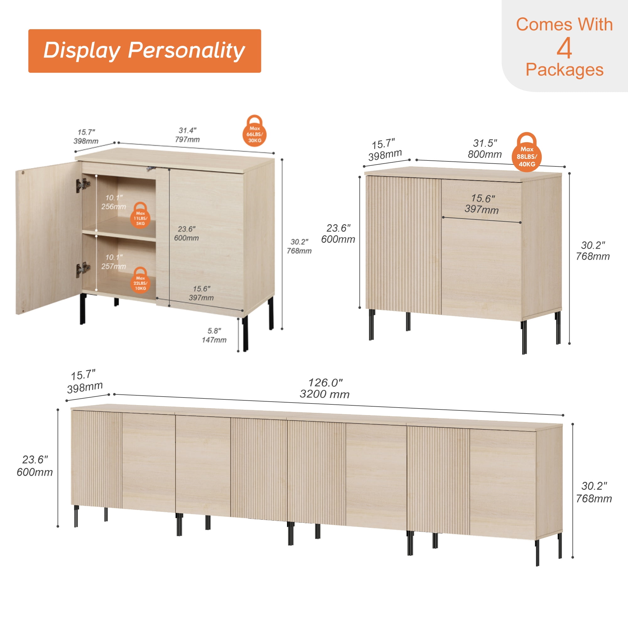 126" Modern Fluted TV Stand with 8 Doors, Entertainment Center with Adjustable Shelf, Wooden TV Console with Storage for Living Room