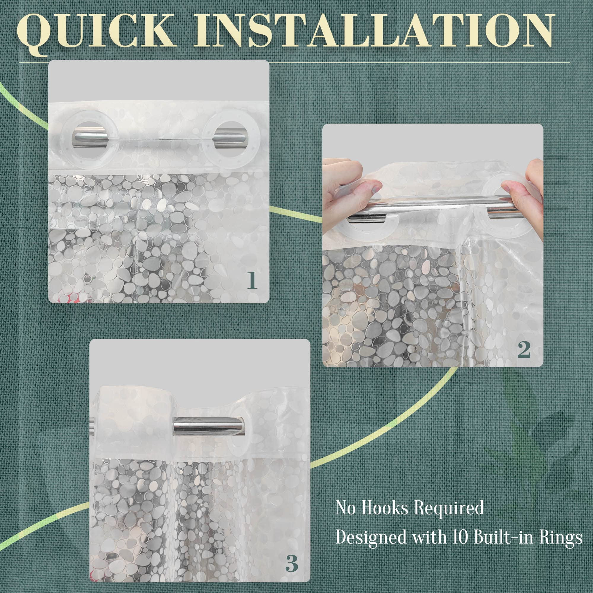 No Hook Shower Curtain Or Liner - 8g Heavy Duty Cobblestone Bathroom Hooks Required  Waterproof Plastic & Pvc Free Standard Size 71 X 74 Pebble