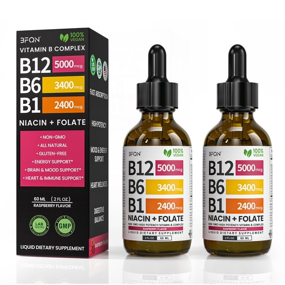 BFQN Vitamin B12 & B6 Liquid Drops – 5000mcg Methylcobalamin with 27mg B6, Sublingual B-Complex for Men & Women, Raspberry Flavor, 2-Pack