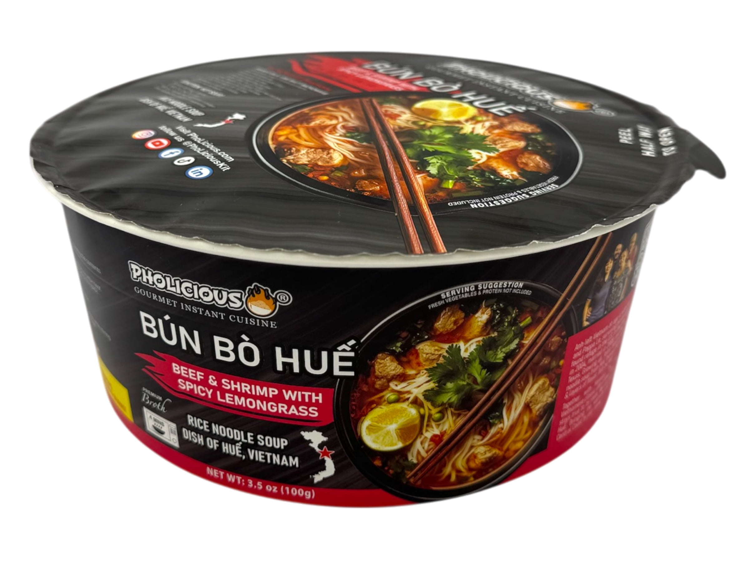 PhoLicious Instant Bun Bo Hue Bowl, Vietnamese Spicy Beef, Seafood & Lemongrass Rice Noodle Soup, 4.15 oz Single Serve, Whole Spices, Ready in 4 Minutes, Ramen Alternative, as Seen on Shark Tank
