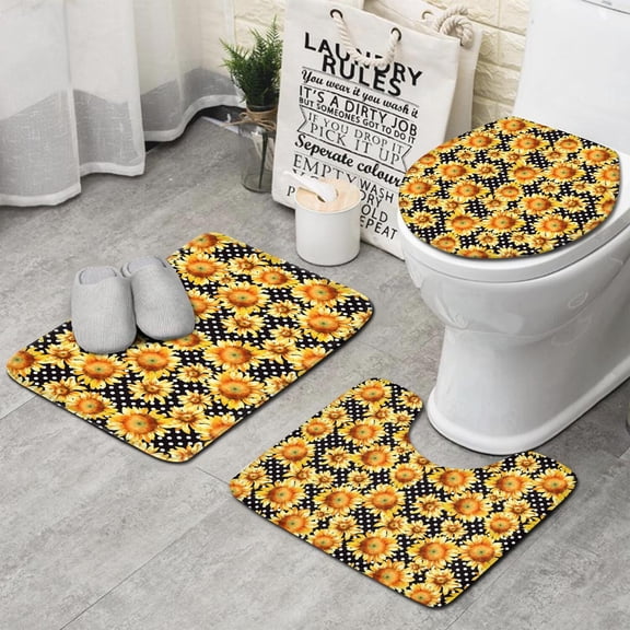 Black Polka Dot Sunflower Pattern Bathroom Rugs Sets 3 Piece,Toilet Cover Set,Absorbent Non Slip Bathroom Mats Sets with U-Shaped Contour Rug Toilet Rug Set