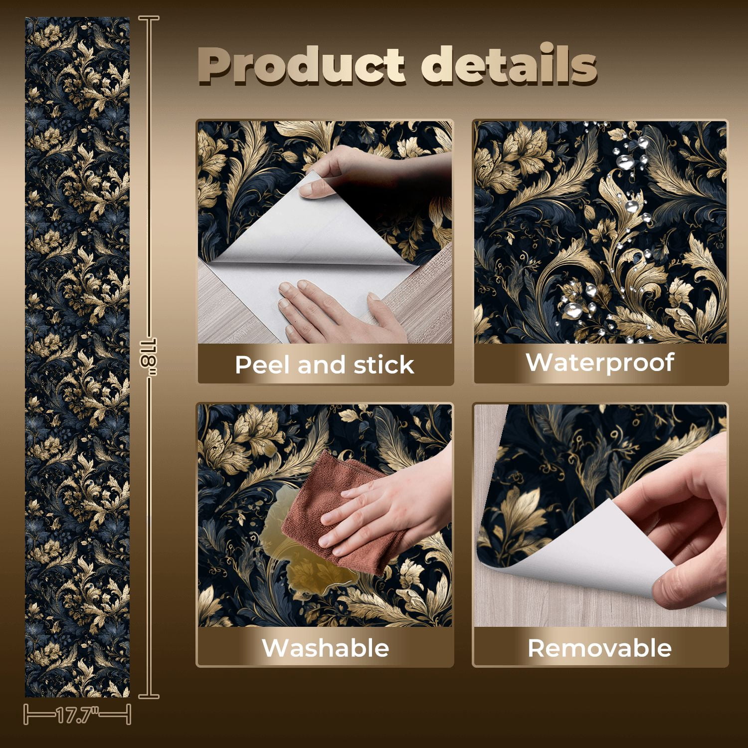 Baroque Peel and Stick Wallpaper Elegant Baroque Floral Damask Design Deep Navy Gold Wall Mural 17.7in x 9.8ft Self Adhesive Removable Wall Paper Renter Friendly Wallpaper for Bedroom Livingroom Men