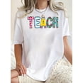 thumbnail image 1 of 1pc Women'S Casual Crew Neck T-Shirt with Colorful Geometric-Patterned "TeaCH" Print, Fashionable Short Sleeve Knit Fabric Top for all Seasons, Comfortable Cotton with Medium Stretch, 1 of 6
