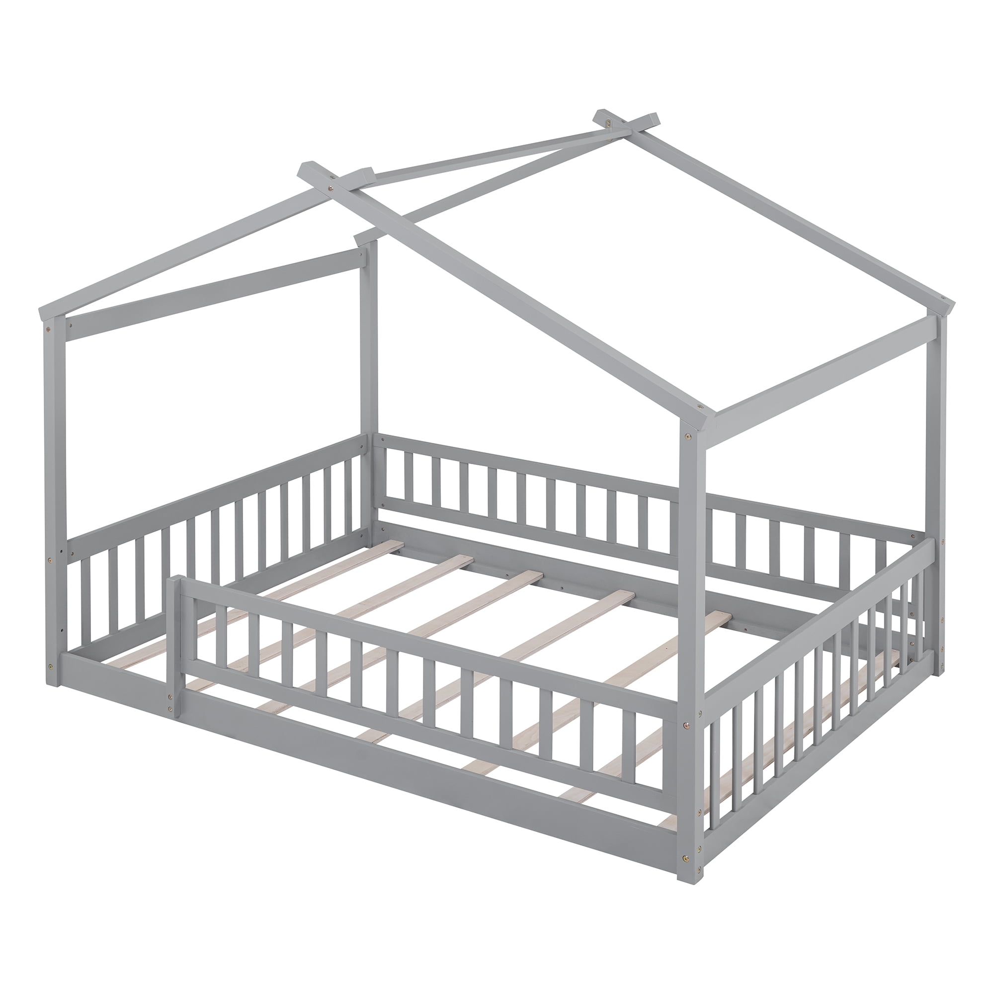 Gewnee Full Floor Bed for Kids, Wooden House Bed Frame with Fence for Kids Teens,Gray