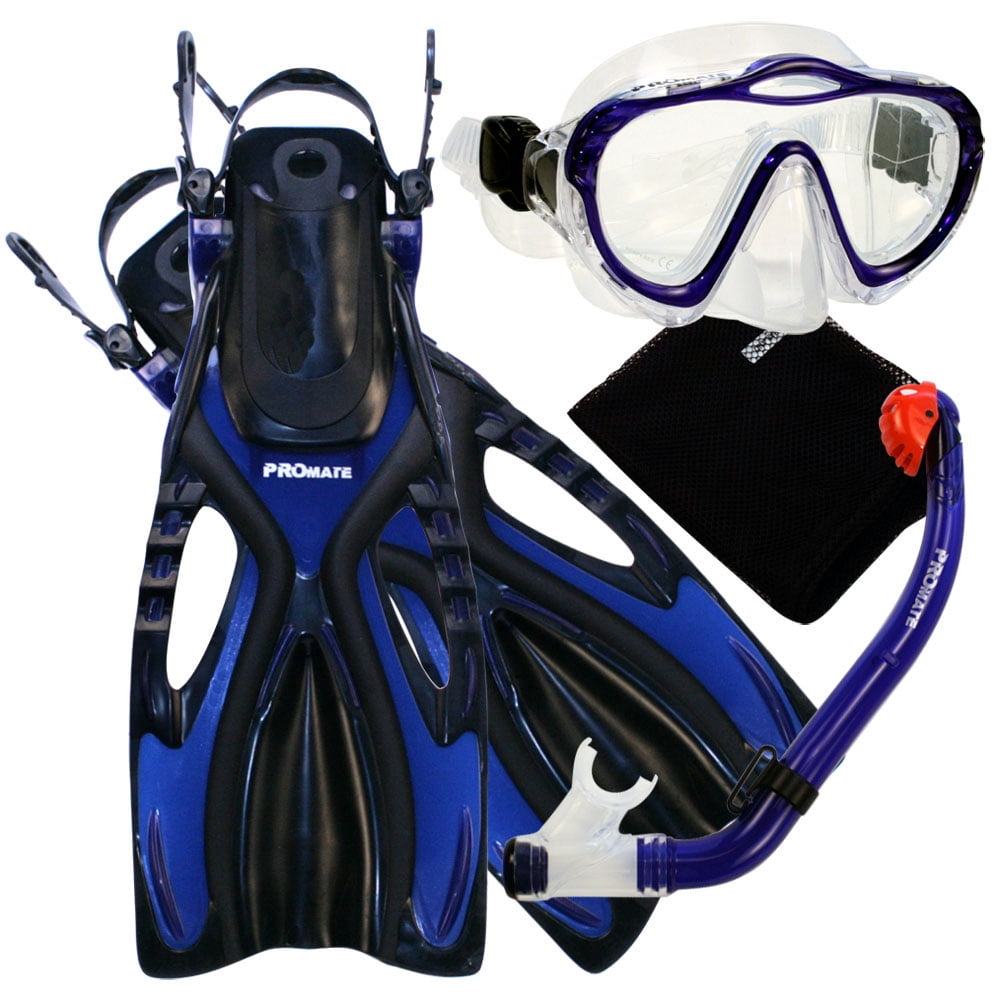 Promate Snorkeling Scuba Diving Mask, DRY Snorkel and Fin set for kids, Blue, S-XL by