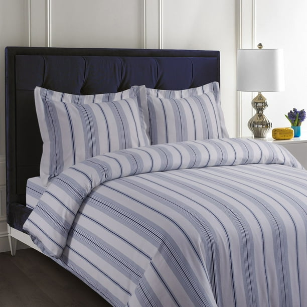 Printed Flannel 3 Piece Stripe Duvet Cover Set by Tribeca Living Light Blue
