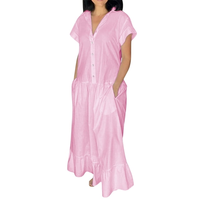 Timegard Chemises Robe pour Femmes Col en V à Revers Boutons Manches Courtes à Volants Robe Longue Ample Décontractée Été