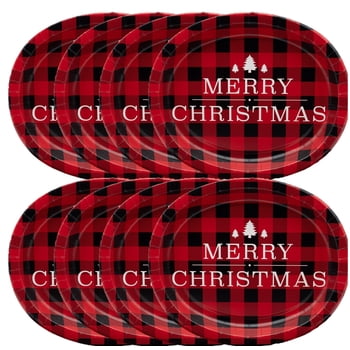 Merry Christmas Buffalo Plaid Disposable Paper Plates, Red and Black, 10 in x 12 in, 8 Count, by Holiday Time