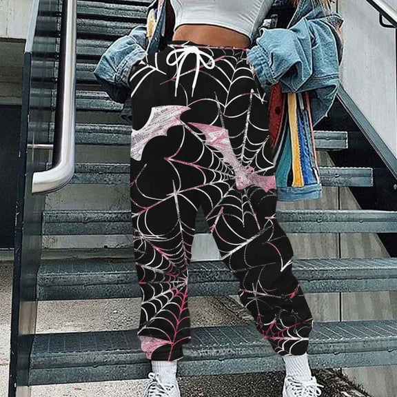 WXLWZYWL Women's Halloween Pants Cinch Bottom Pants Loose Fit Casual Sweatpants Bat Print Lounge Pants with Pocket