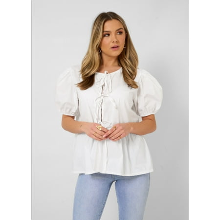 Women Bow Tie Front Shirt Top Cute Puff Sleeve Y2K Peplum Ruffle Babydoll Blouse Lace Up Summer Going Out