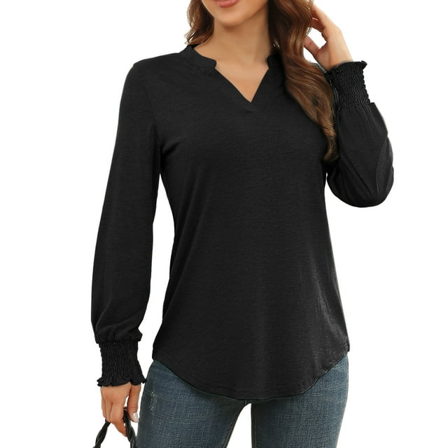 Camisa de manga larga fruncida, blusa de mujer con escote en V y muescas, blusa con escote en V y muescas, blusa de manga larga fruncida, artesanía excepcional