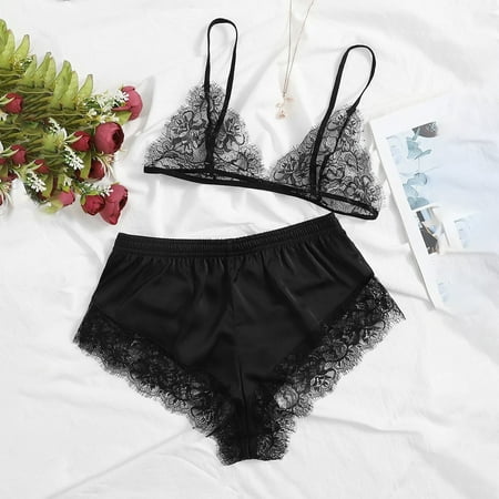 USSUMA Ladies Fashion Sexy Lingerie Lace Hollow Exquisite Bra Shorts Underwear Set On-Trend Low Spend Black L