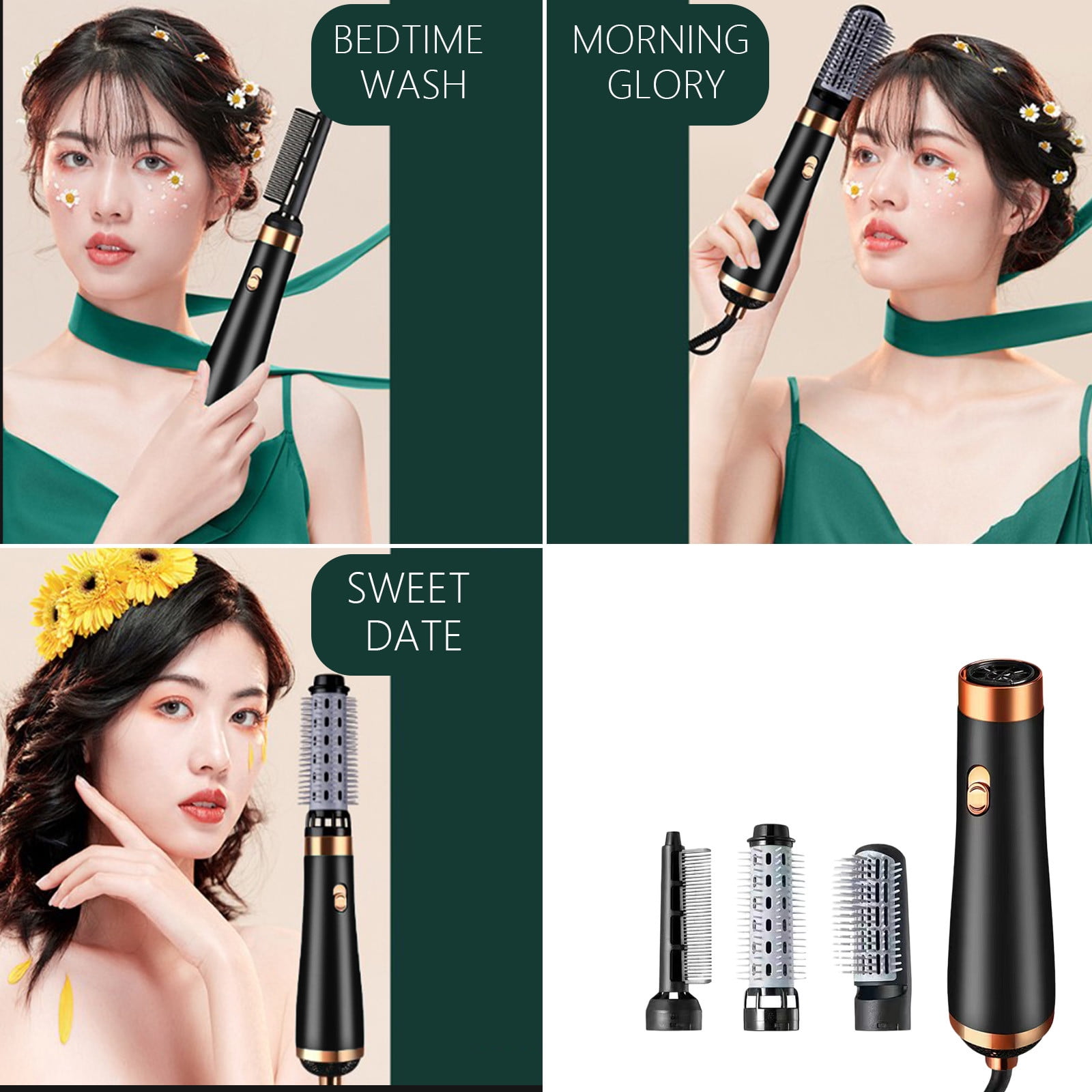 Blueek 3-in-1 Hot Aired Curling Combo, for Styling And Frizz Control, Negative Ionic Blow Hair Dryer Brush Volumizer, 3 Detachable Auto-Rotating Curling Brush (Black)(1#)