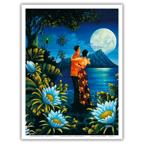 Island Honeymoon - Couple Moonlight Queen of the Night - Waikiki Beach Honolulu - From an Original Color Painting by Warren Rapozo - Master Art Print (Unframed) 9in x 12in