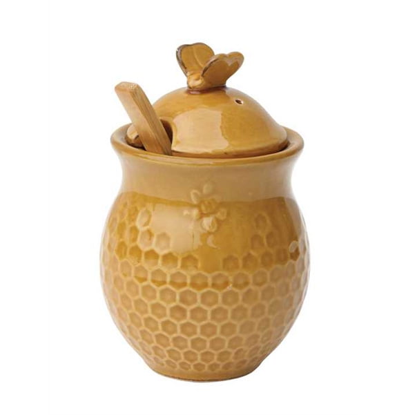 Creative Co-Op Stoneware Honey Pot with Wood Honey Stick 