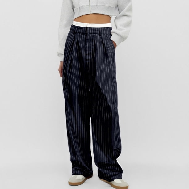 WILLBEST Pantalones Casuales de Verano para Mujer, con Rayas, Cintura Alta, Patchwork, Bolsillos Colgantes, Pierna Recta, Pantalones de Traje Casuales para Mujer Moderna Mediana