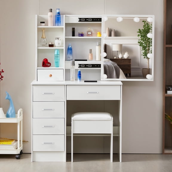 Teousev Lighted Makeup Vanity Set and Stool, Vanity Desk with Sliding Mirror, Bedroom Dressing Table, White