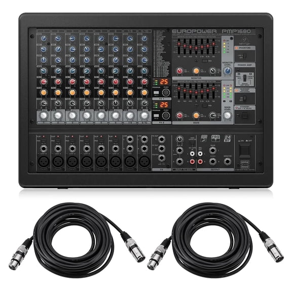Behringer EUROPOWER PMP1680S 1600W 10-Channel Powered Mixer, Bundle with 2x 25' Value Series XLR Male to Female Microphone Cable