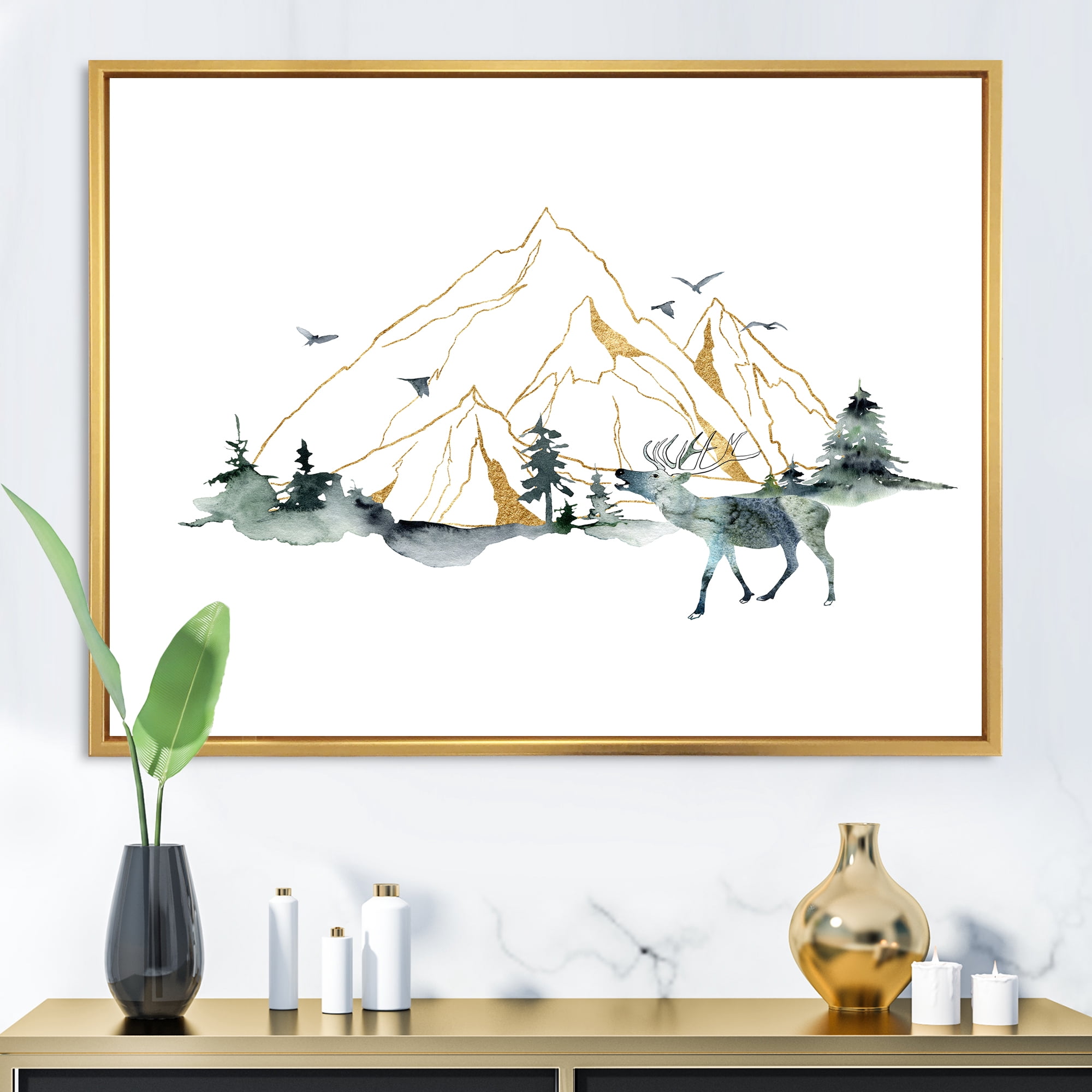 Minimalistic Landscape of Forest Deer and Mountains 32 in x 16 in Framed Painting Canvas Art Print, by Designart